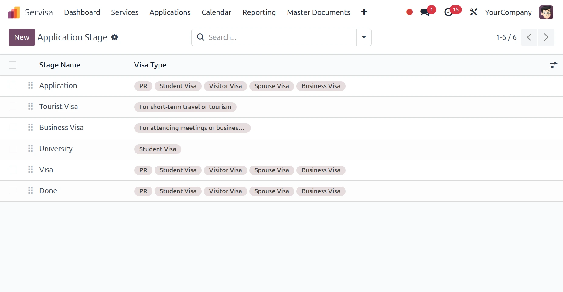Odoo Visa Management application stages configured by visa type