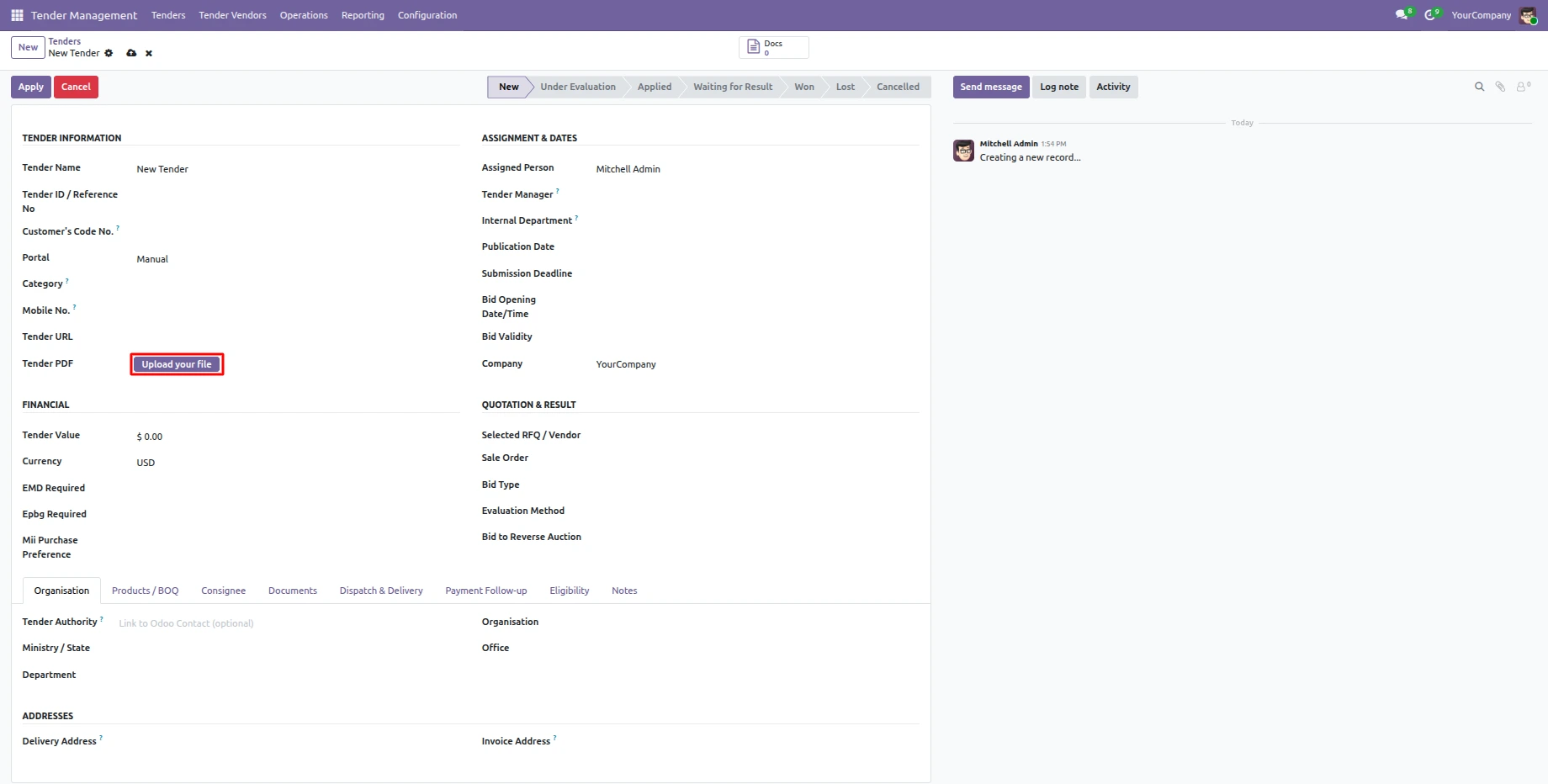 Odoo 19 Purchase Tender Management screen comparing RFQ lines from multiple vendors