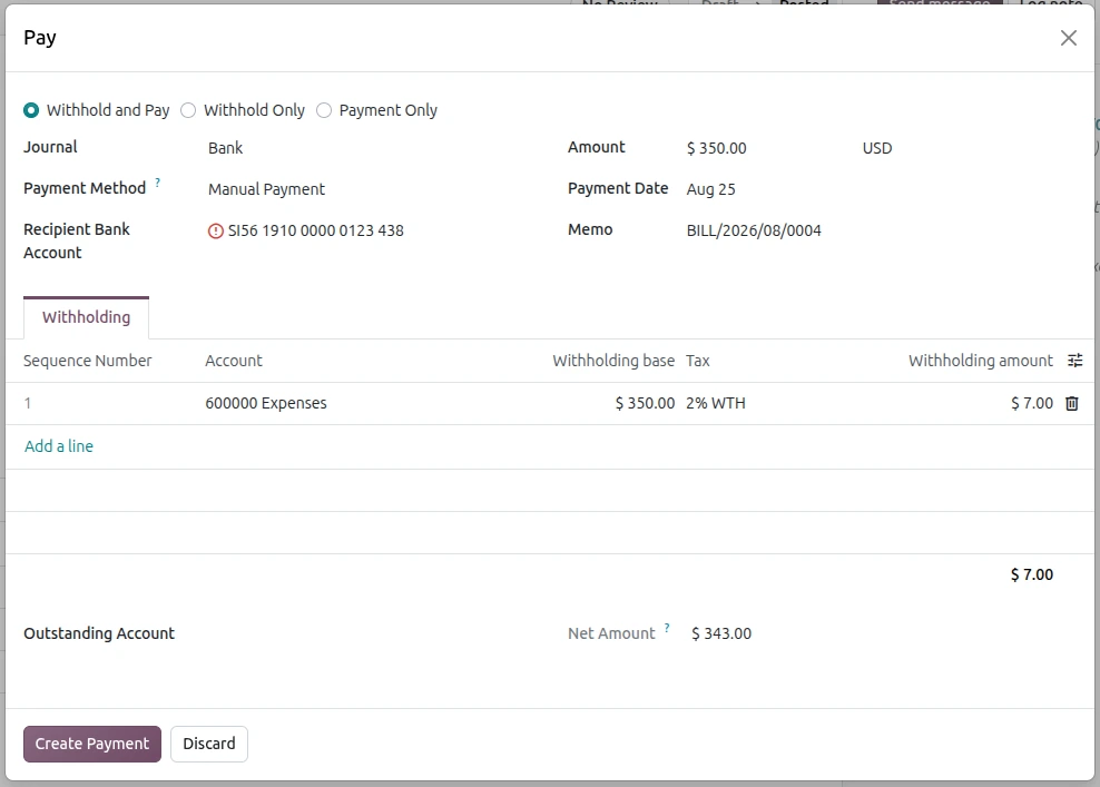 Odoo 20 withholding tax payment showing amount due and net due