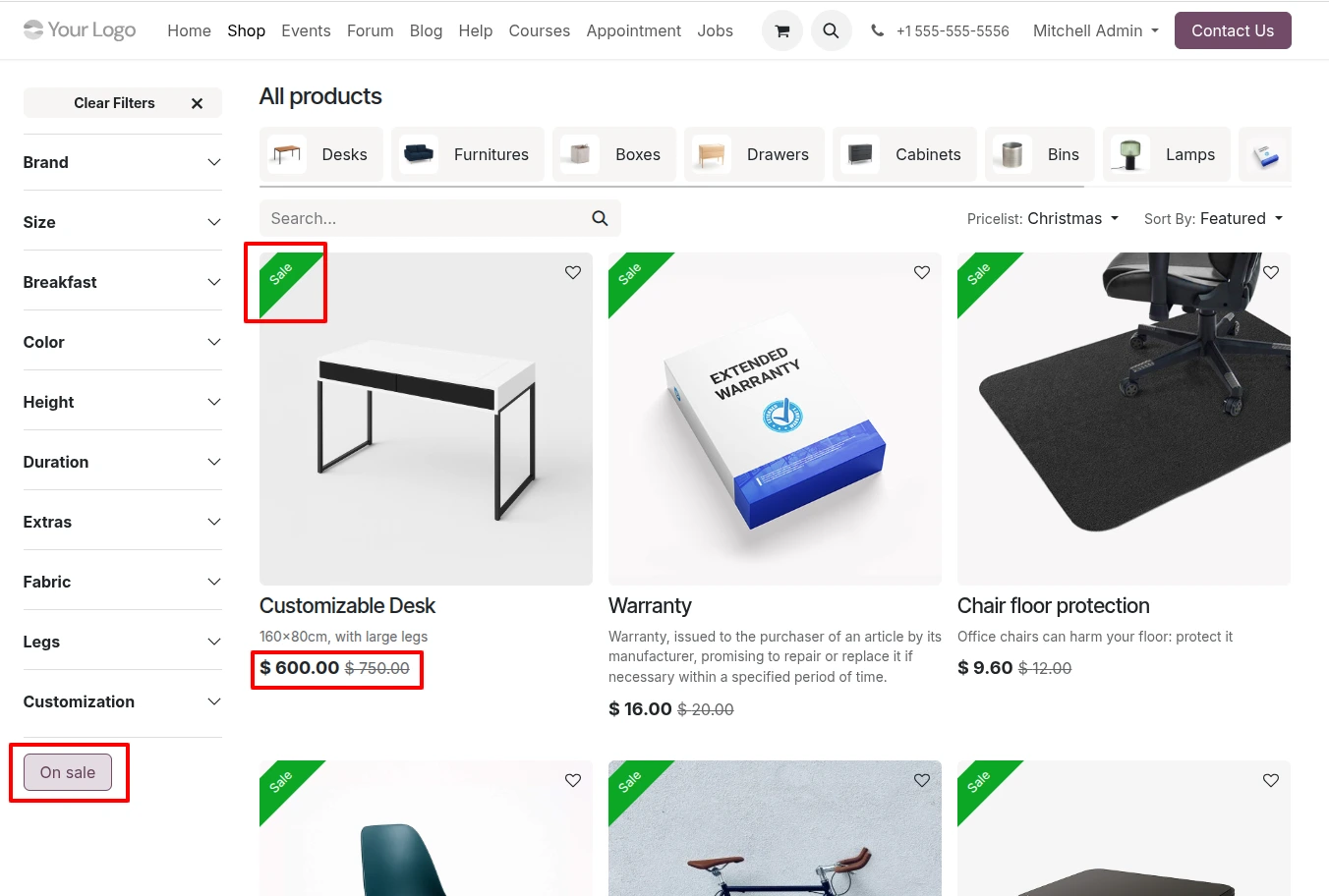 Odoo 20 eCommerce On Sale and In Stock ribbon filters
