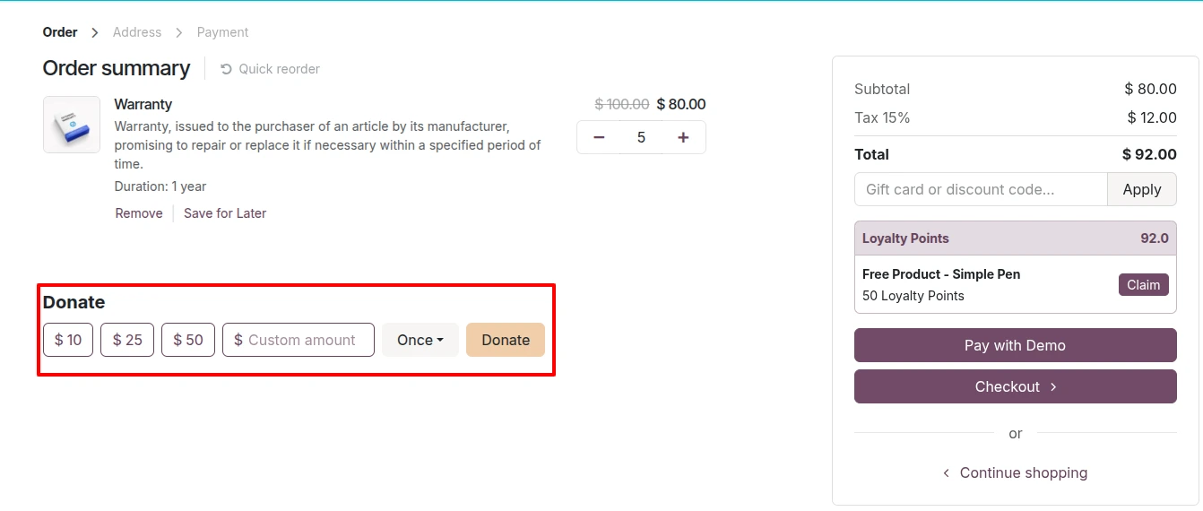 Odoo 20 donation snippet in eCommerce checkout flow