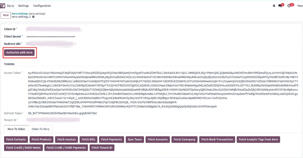 Odoo Xero Connector settings page with Authorize with Xero and data sync options