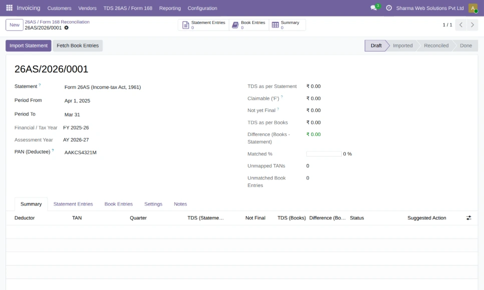 Odoo new TDS 26AS reconciliation record in draft status before statement import