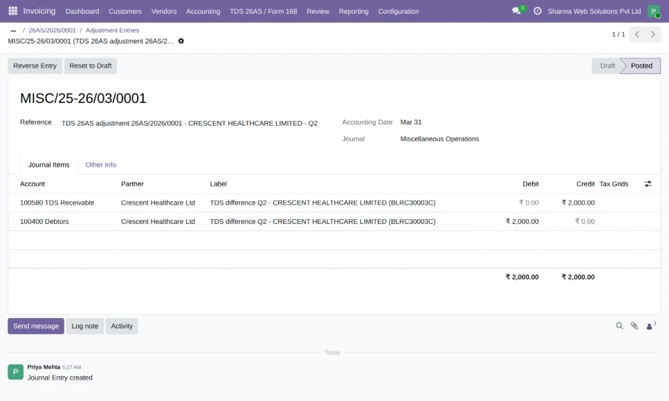 Odoo posted journal entry correcting a TDS receivable difference from 26AS reconciliation