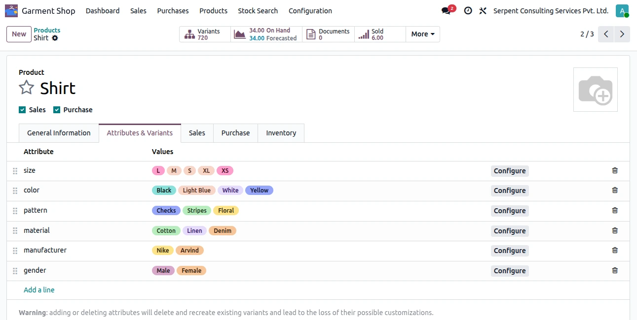 Odoo 19 clothing product configuration with garment attributes such as size, color, pattern, and material