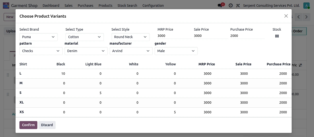 Odoo 19 garment management module displaying clothing product variants by size, color, and style with pricing