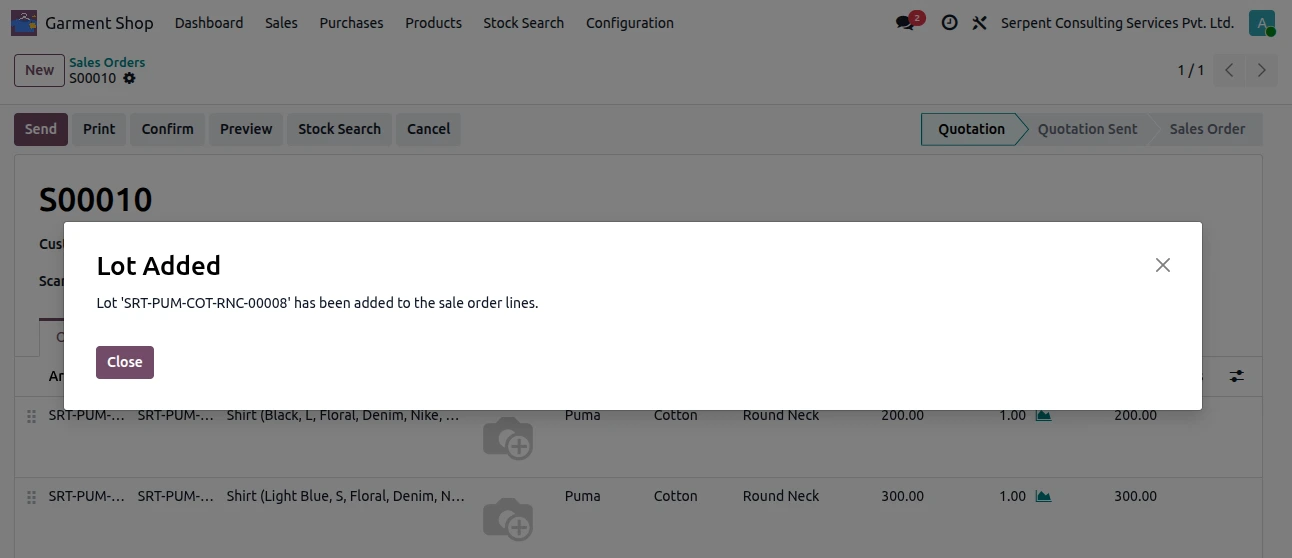 Scanning a garment tag adds the exact lot to the sales order.