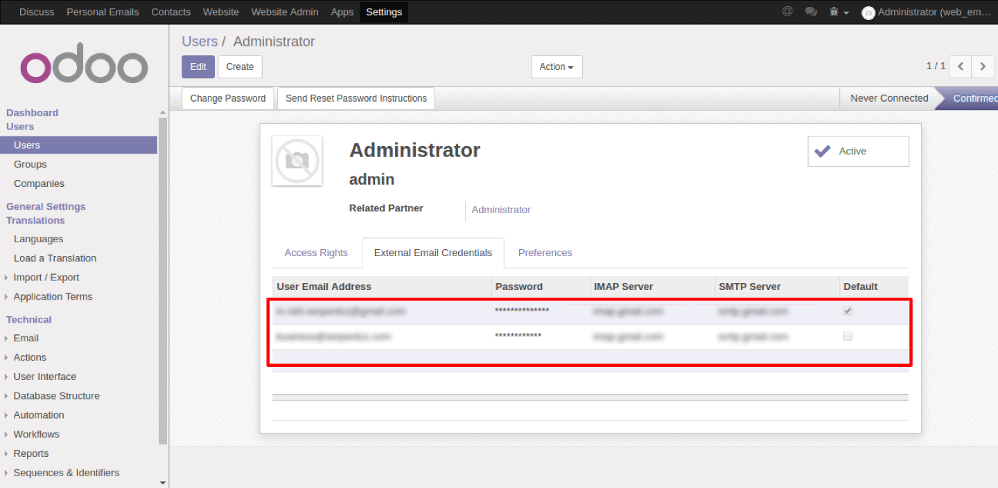 Customised Odoo Web email interface