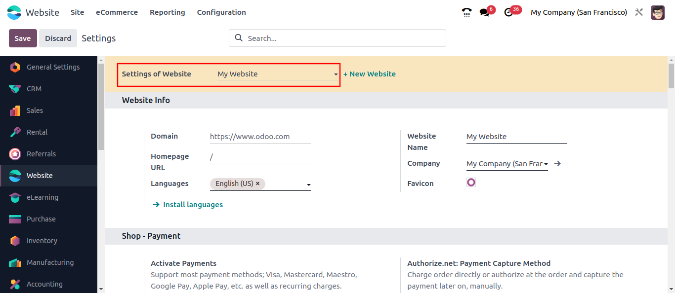 odoo ecommerce website configuration