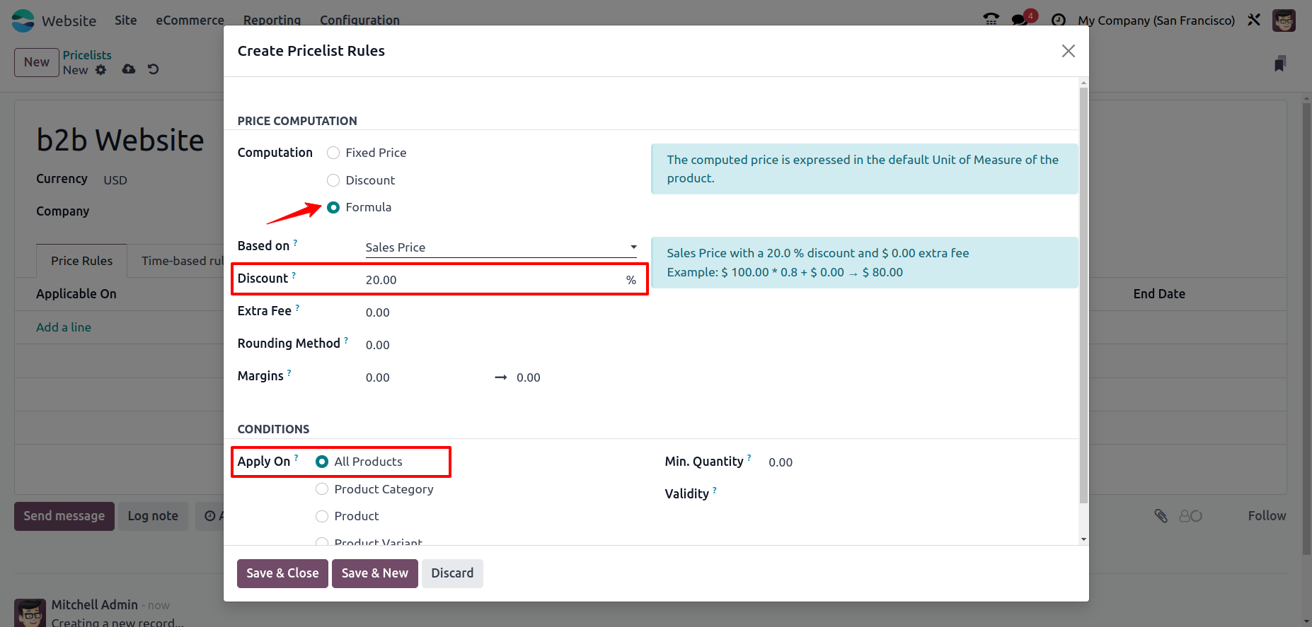 odoo ecommerce pricelist rules for product