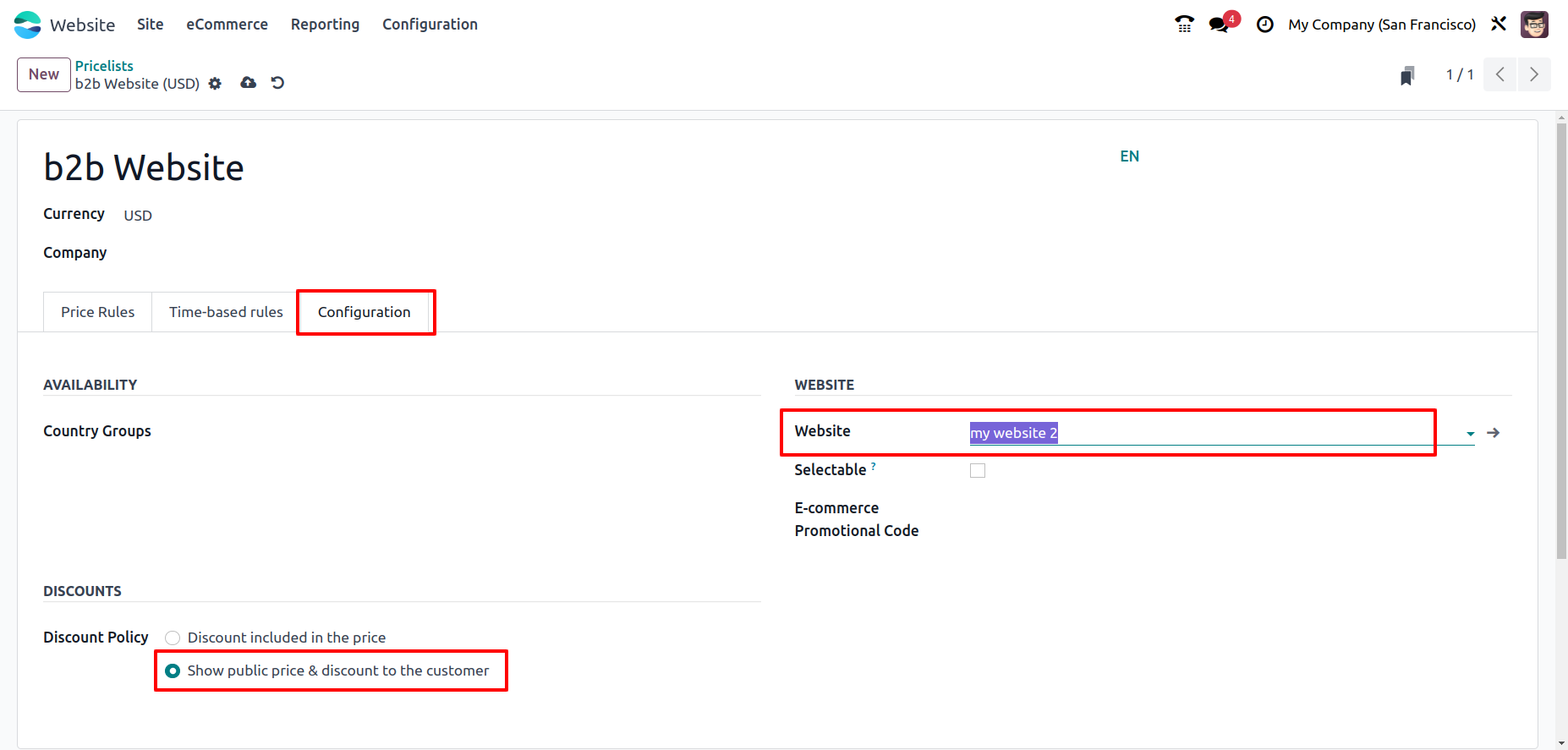 odoo ecommerce pricelist configuration