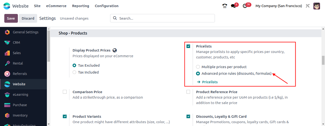 odoo ecommerce pricelist rules